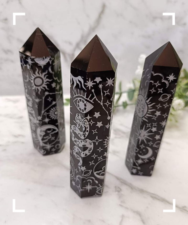 Obsidian Mystic Carved Crystal Tower Sacred Symbols