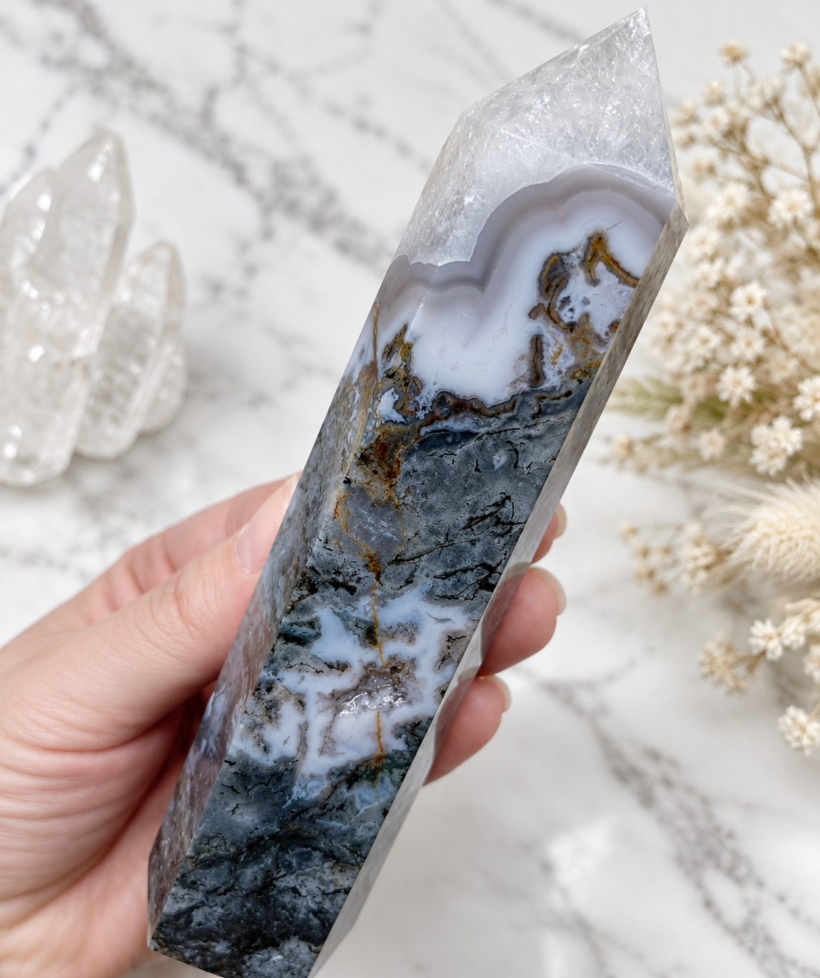 Moss Agate Crystal Tower
