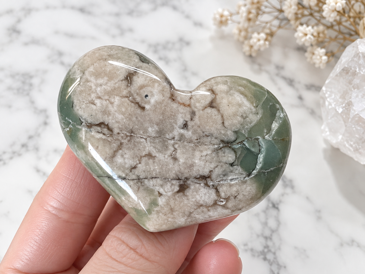 Green Flower Agate Crystal Heart