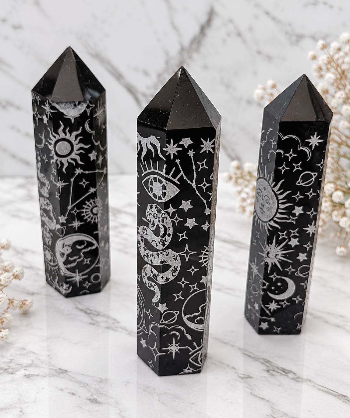 Obsidian Mystic Carved Crystal Tower Sacred Symbols