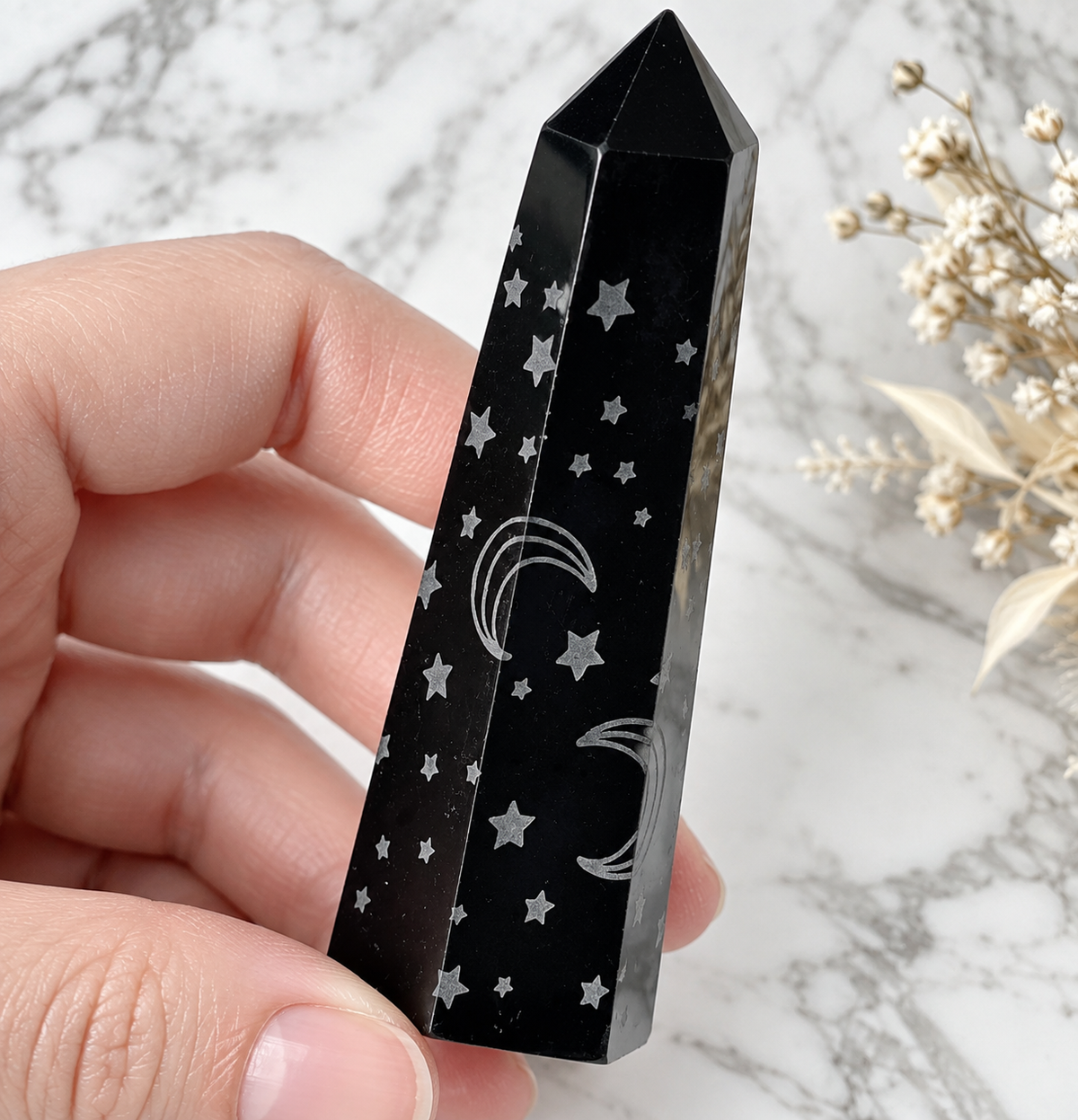Obsidian Star & Moon Crystal Carving Tower