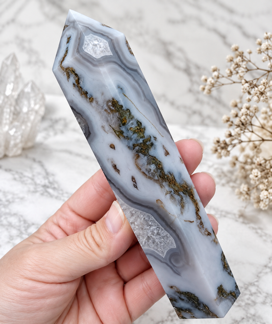 Moss Agate Crystal Tower