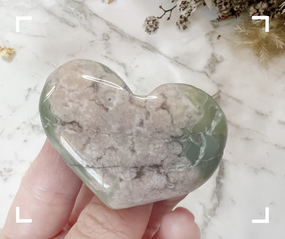 Green Flower Agate Crystal Heart
