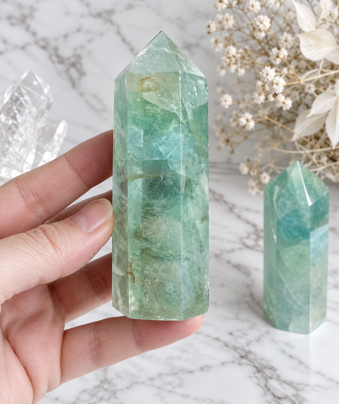 Green Aura Quartz Crystal Tower