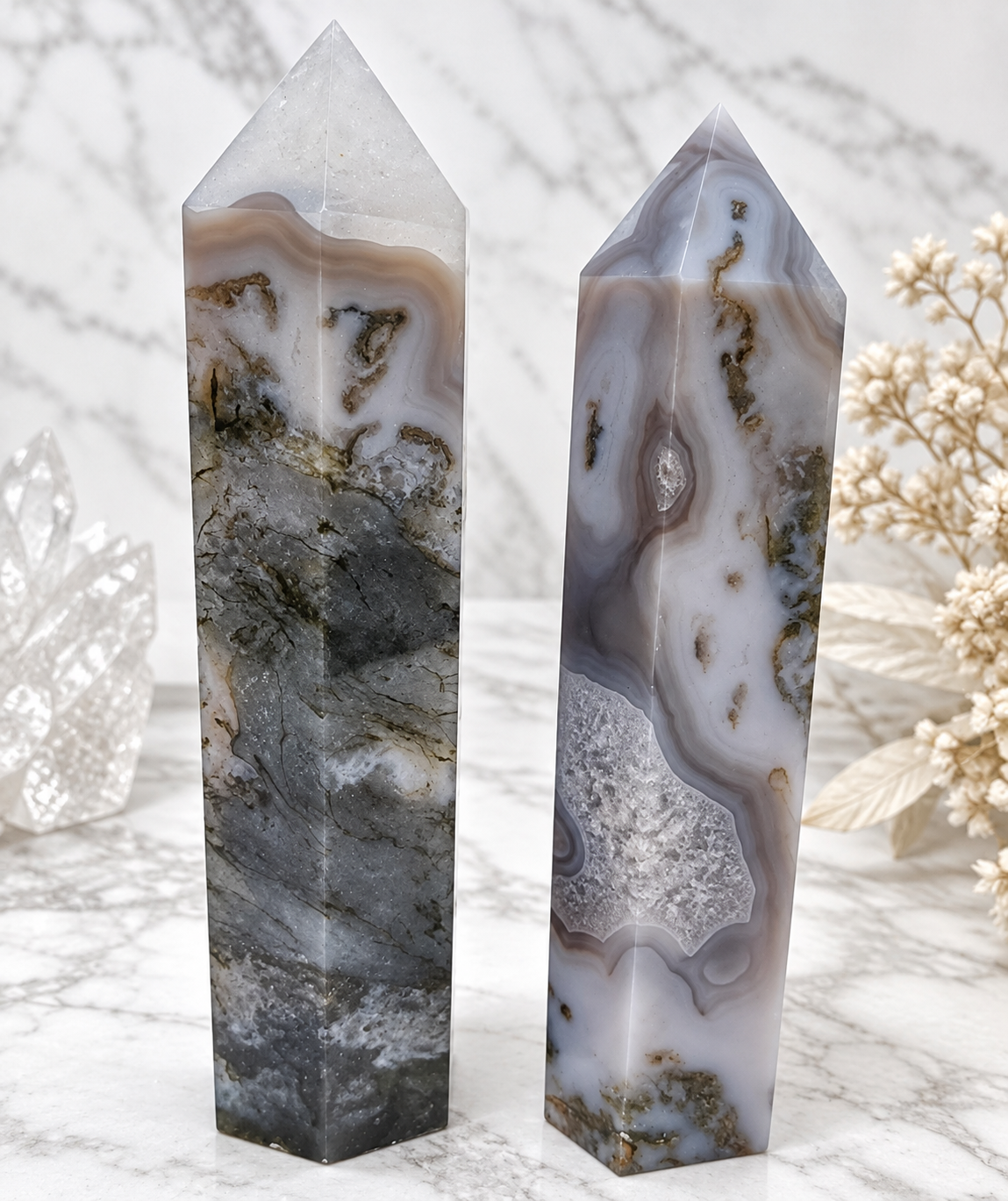 Moss Agate Crystal Tower