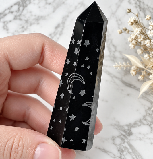 Obsidian Star & Moon Crystal Carving Tower