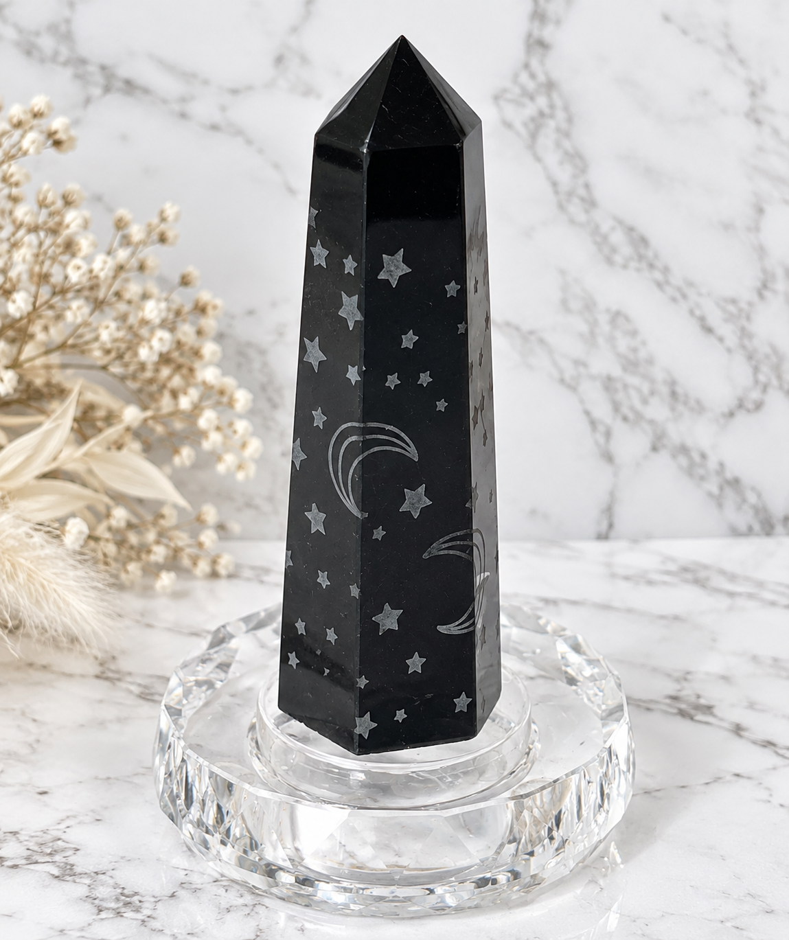 Obsidian Star & Moon Crystal Carving Tower