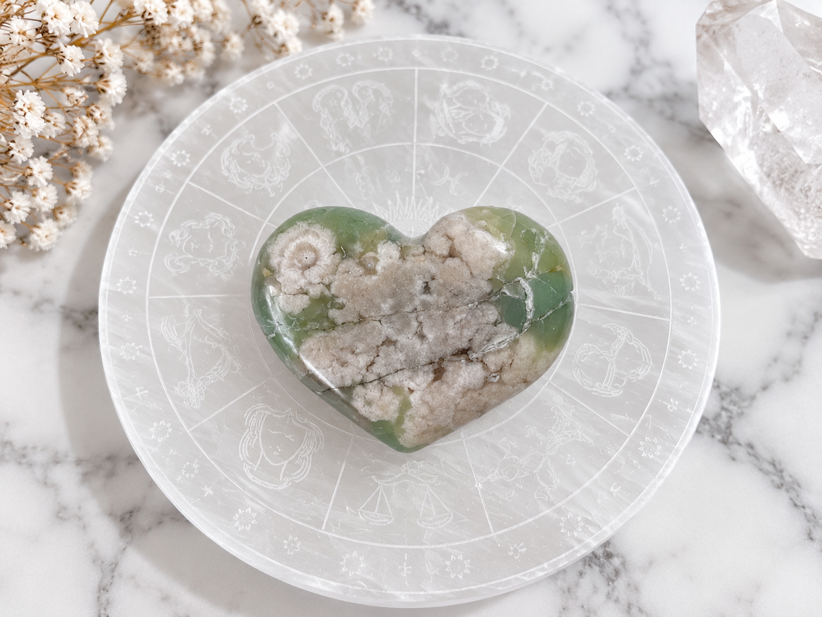 Green Flower Agate Crystal Heart