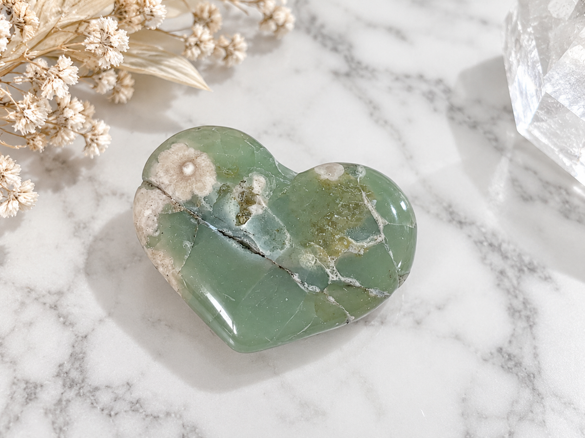 Green Flower Agate Crystal Heart