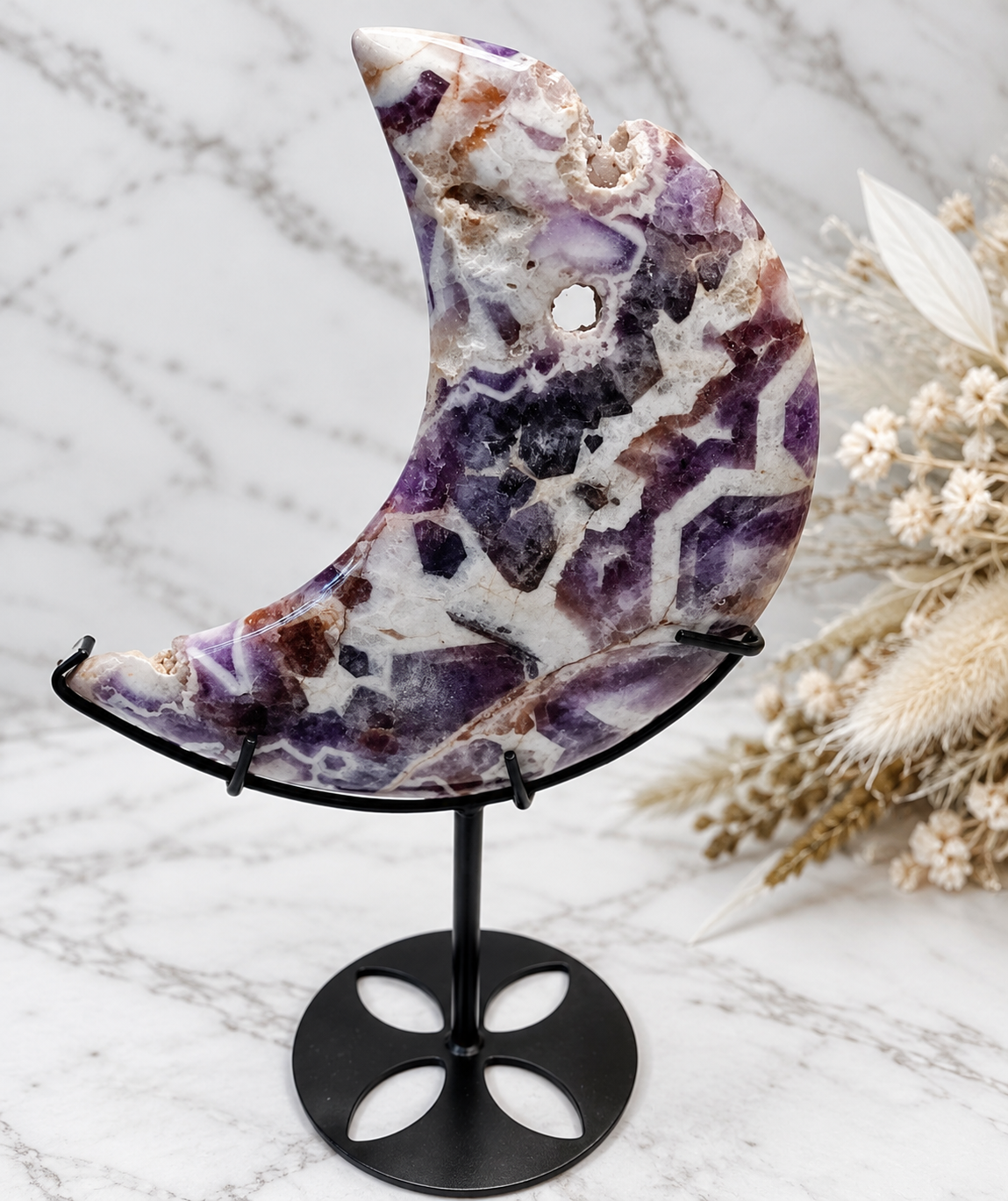 Chevron Amethyst Crystal Moon With Stand