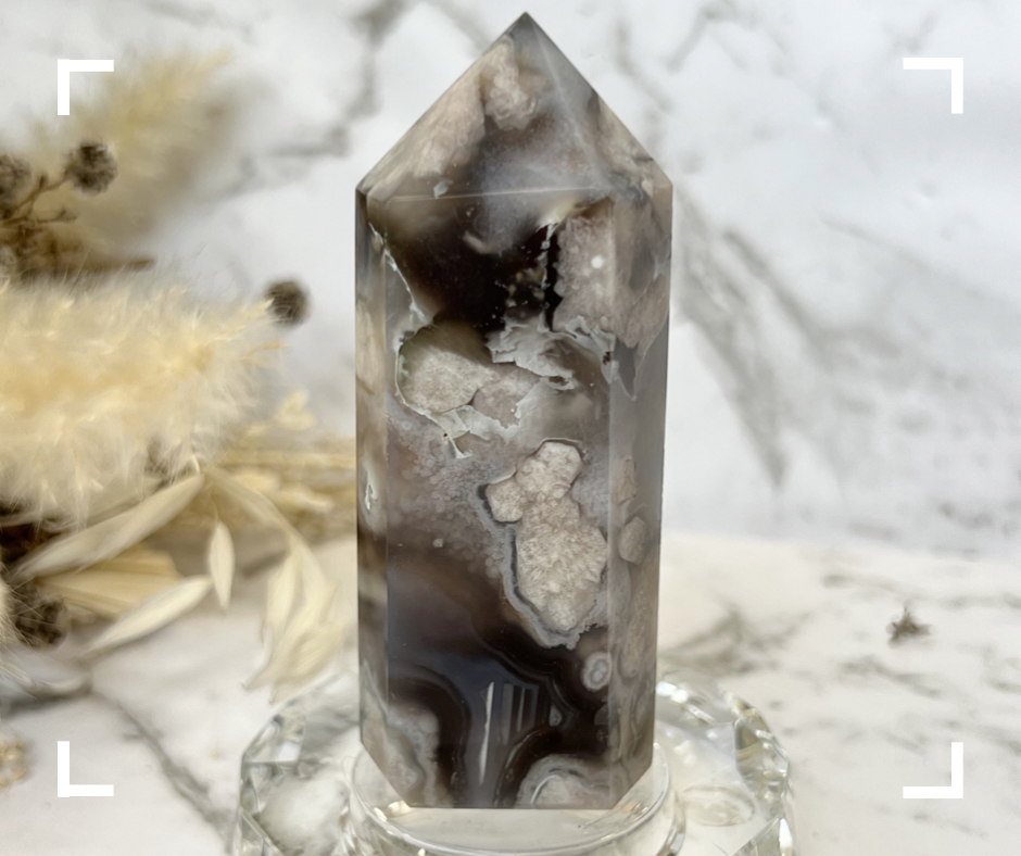 Black Flower Agate Crystal Tower 2