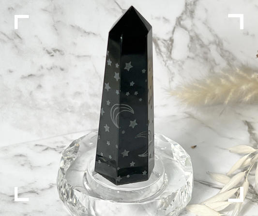 Obsidian Star & Moon Crystal Carving Tower